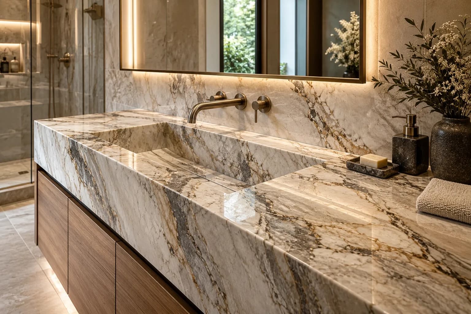 Custom integrated stone sink with natural stone veining across the vanity