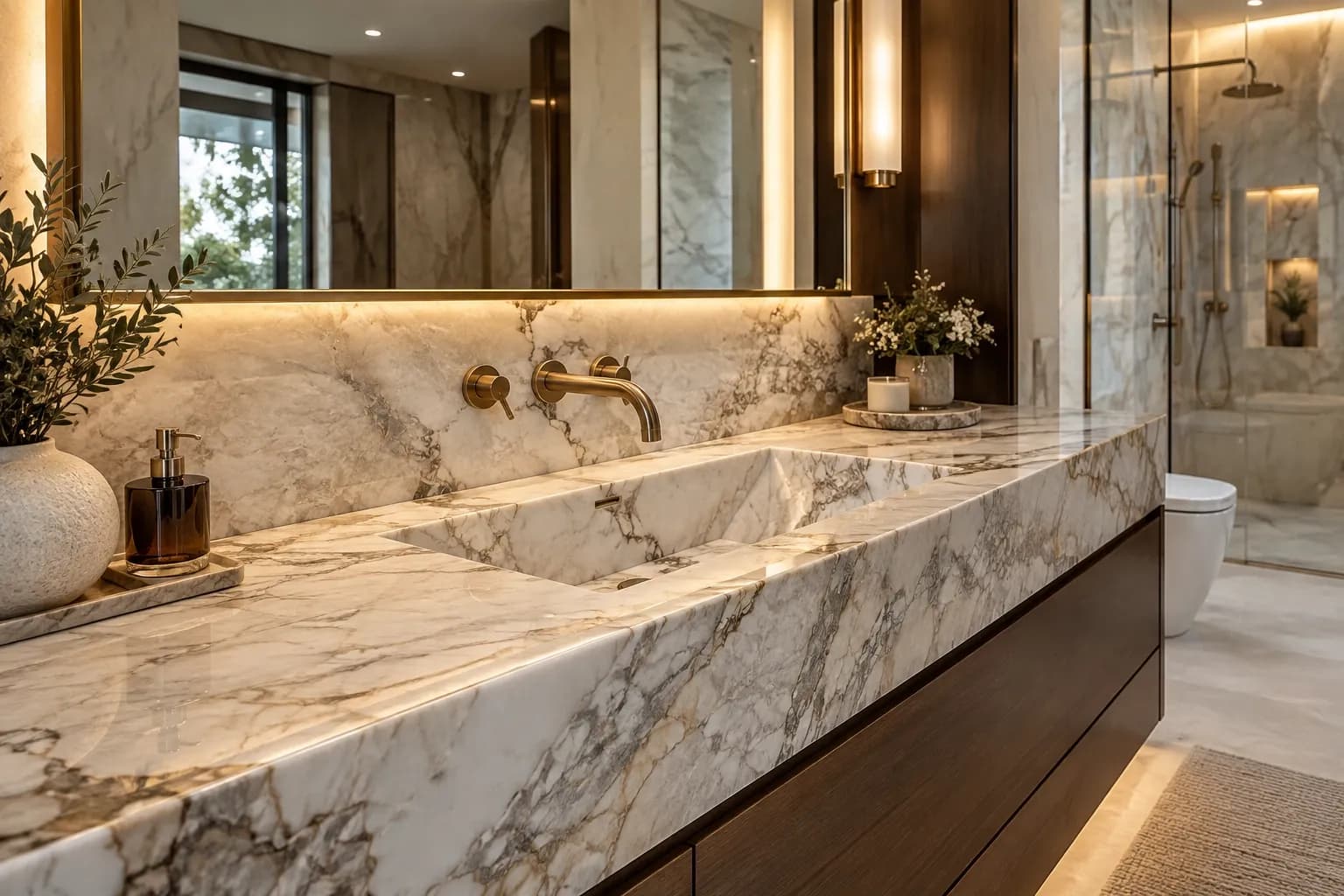 Luxury bathroom with an integrated natural stone sink and seamless marble vanity