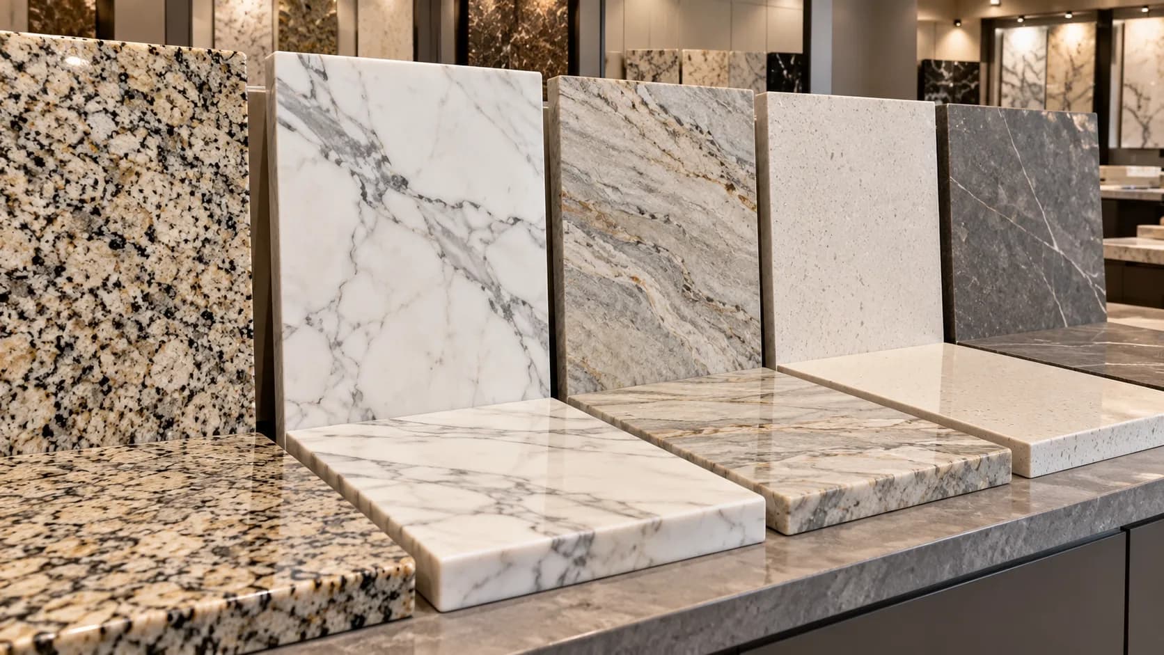 Granite, marble, quartzite, engineered quartz, and porcelain countertop materials.
