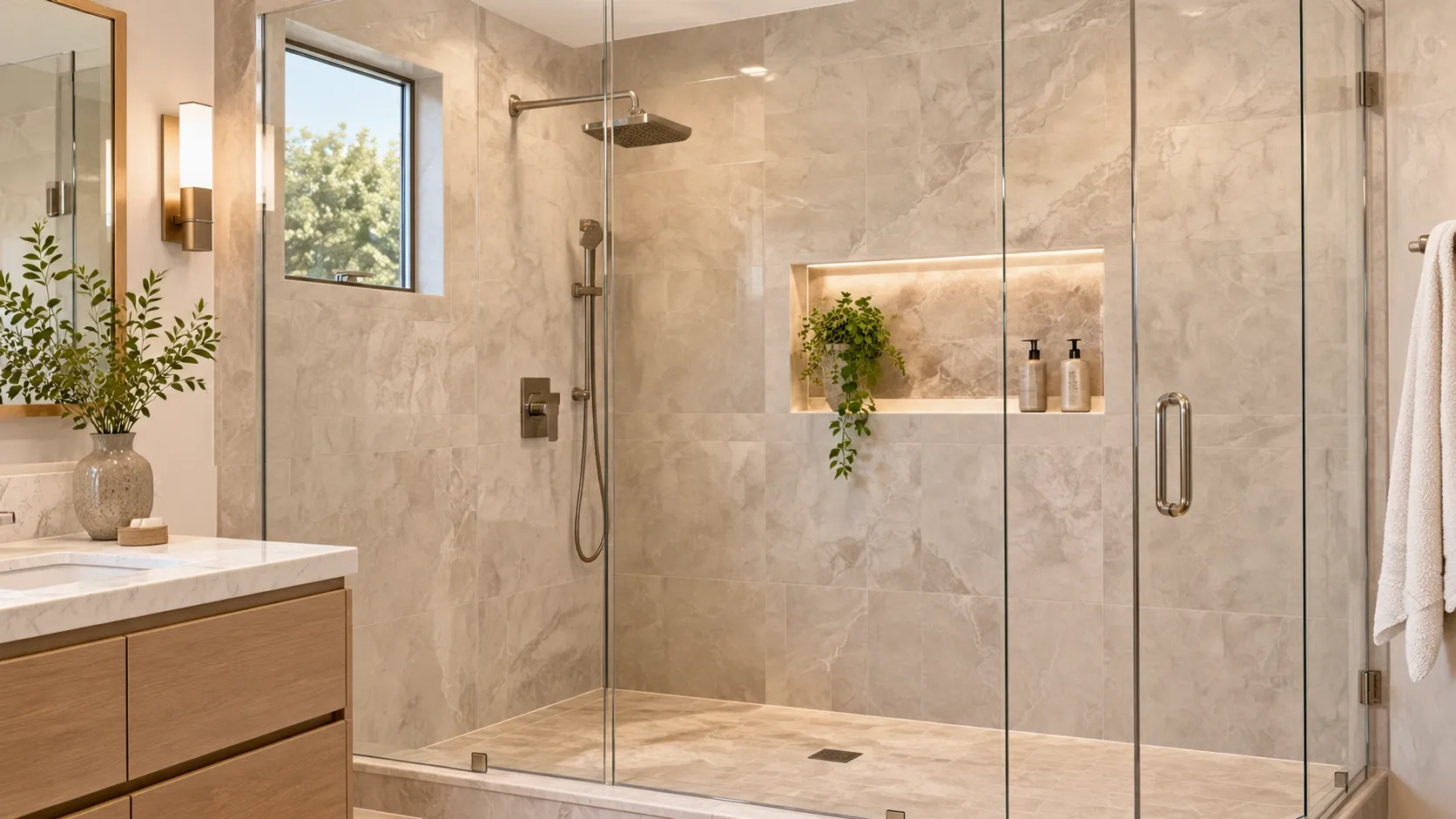 Large-format beige porcelain shower wall panels with minimal grout lines