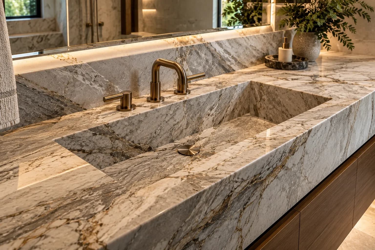 Precision-fabricated integrated bathroom sink in a natural stone vanity