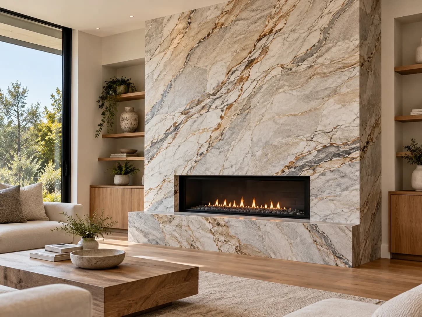 Custom quartzite fireplace surround showcasing natural veining and a honed stone finish.