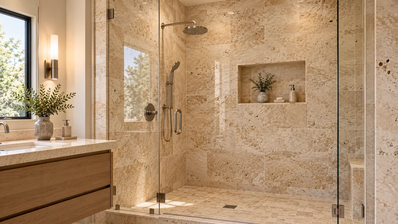 Warm beige travertine shower walls with natural stone texture and a frameless glass enclosure